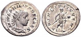 Philip II as Caesar. Rome, 245 AD. AR antoninianus, 4.13 g. M IUL PHILIPPUS CAES radiate, draped bust right / PRINCIPI IUVENT Philip II in military dr...