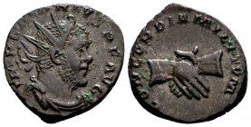 Marius. Colonia Agrippinensis, 268 AD. Æ antoninianus, 3.94 g. IMP C MARIUS P F AUG radiate, draped, cuirassed bust right / CONCORDIA MILITVM clasped ...