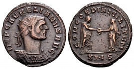 Aurelian. Siscia, 274 AD. Æ antoninianus, 3.68 g. IMP C AVRELIANVS AVG radiate, cuirassed bust right / CONCORDIA MILITVM Aurelian standing right, clas...