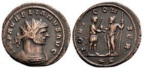 Aurelian. Siscia, 271-272 AD. Æ antoninianus, 3.45 g. IMP AVRELIANVS AVG. radiate, cuirassed bust right / IOVI CONSER the emperor standing right, rece...