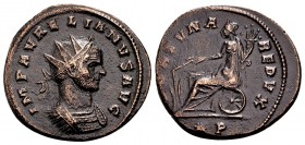 Aurelian. Siscia, 270-275 AD. Æ antoninianus, 4.44 g. IMP AVRELIANVS AVG radiate, cuirassed bust right / FORTUNA REDVX Fortuna seated left on wheel, w...