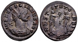 Aurelian. Serdica, 274 AD. Æ antoninianus, 3.11 g. IMP AURELIANUS AUG radiate, cuirassed bust right / RESTITUT ORBIS female figure standing right, pre...