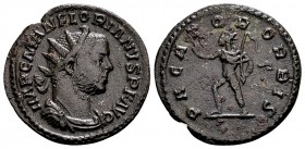 Florianus. Lugdunum, 276 AD. Æ antoninianus, 3.15 g. IMP C M AN FLORIANVS P F AVG radiate, draped, cuirassed bust right / PACATOR ORBIS Sol advancing ...