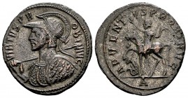 Probus. Rome Æ antoninianus, 4.28 g. VIRTVS PROBI AVG radiate, helmeted, cuirassed bust left, holding spear and shield / ADVENTVS PROBI AVG Probus rid...
