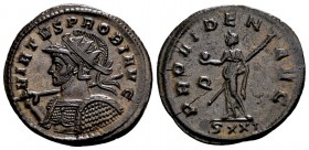Probus. Ticinum, 277 AD. Æ antoninianus, 4.22 g. VIRTVS PROBI AVG helmeted, cuirassed bust left, with shield and spear over shoulder / PROVIDENT AVG P...