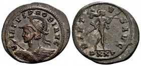 Probus. Ticinum, 276 AD. Æ antoninianus, 4.17 g. VIRTVS PROBI AVG helmeted, radiate, cuirassed bust left, with spear and shield / VIRTVS AVG Mars adva...