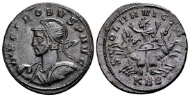 Probus. Serdica, 276-282 AD. Æ antoninianus, 4,12 g. IMP C PROBVS P AVG radiate, helmeted, cuirassed bust left, holding spear and shield / SOLI INVICT...