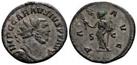 Carausius. C' mint, 286-293 AD. Æ antoninianus, 4.15 g.  IMP C CARAVSIVS P F AVG radiate, draped, cuirassed bust right / PAX AVG Pax standing left, wi...