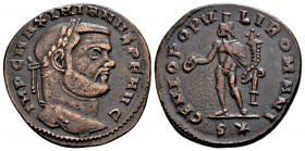 Maximianus Herculius. Rome, 299 AD. Æ follis, 9.39 g. IMP C MAXIMIANVS P F AVG laureate head right / GENIO POPVLI ROMANI Genius standing left, with pa...