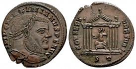 Maximianus Herculius. Ticinum, 306-308 AD. Æ follis, 6.65 g. IMP C MAXIMIANVS P F AVG laureate head right / CONSERV VRB SVAE  Roma seated facing, with...