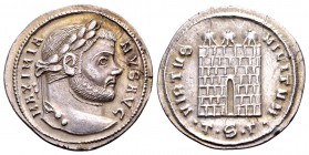 Maximian. Thessalonica, ca. 298-303 AD. AR argenteus, 3.00 g. MAXIMIANUS AUG laureate head right / VIRTUS MILITUM campgate with three turrets; in exer...