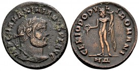 Maximianus Herculius. Cyzicus, 295-296 AD. Æ follis, 9.65 g. IMP C MA MAXIMIANVS P F AVG laureate head right / GENIO POPVLI ROMANI Genius standing lef...