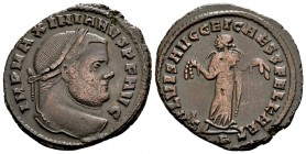 Maximianus Herculius. Carthago, 299-303 AD. Æ follis, 8.40 g. MP MAXIMIANVS P F AVG laureate bust right / SALVIS AVGG ET CAESS FEL KART Karthago stand...