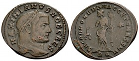 Galerius Valerius. Aquileia, 302-303 AD. Æ follis, 9.57 g. MAXIMIANVS NOB CAES laureate bust right / SACRA MONET AVGG ET CAESS NOSTR Moneta standing r...