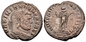 Galerius Valerius. Carthago, 299-303 AD. Æ follis, 9.84 g. MAXIMIANVS NOB CAES laureate bust right / SALVIS AVGG ET CAESS FEL KART Karthago standing r...