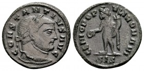 Constantius Chlorus. Siscia, 305-306 AD. Æ 1/4 follis, 2.01g. CONSTANTIVS AVG laureate head right / GENIO POPVLI ROMANI Genius standing left, with pat...