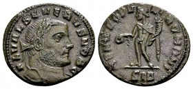 Severus II as Caesar. Siscia, 305-306 AD. Æ 1/4 follis, 2.20 g. SEVERVS NOB C laureate head right / GENIO POPVLI ROMANI Genius standing left, with pat...
