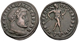 Maximinus Daia. Ticinum, 305 AD. Æ follis, 10.11 g. MAXIMINVS NOB CAESAR laureate head right / VIRTVS AVGG ET CAESS NN Mars with spear and tropaeum wa...