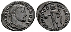 Maximinus Daia. Siscia, 305-306 AD. Æ 1/4 follis, 1.94 g. GAL VAL MAXIMINUS NOB CAES laureate head right / GENIO POPULI ROMANI Genius standing left wi...
