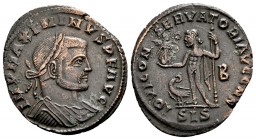 Maximinus Daia. Siscia, 313 AD. Æ follis, 3.59 g. IMP MAXIMINUS PF AUG laureate, cuirassed bust right / IOVI CONSERVATORI AUGG NN  Jupiter standing le...