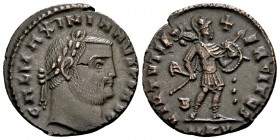 Maximinus Daia. Cyzicus, 310-313 AD. Æ follis, 4.93 g. GAL MAXIMINNUS P F AVG laureate head right / VIRTVTI EXERCITVS Mars advancing right, holding sh...
