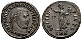 Maximinus Daia. Nicomedia, 312 AD. Æ follis, 4,51 g. IMP C VAL MAXIMINUS PF AUG laureate head right /SOLI INVICTO Sol standing left with raised hand a...