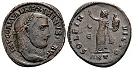 Maximinus Daia. Antioch, 312-313 AD. Æ follis, 6.54 g. IMP C GAL VAL MAXIMINVS P F AVG laureate head right / SOLI INVICTO; Sol standing left, raising ...