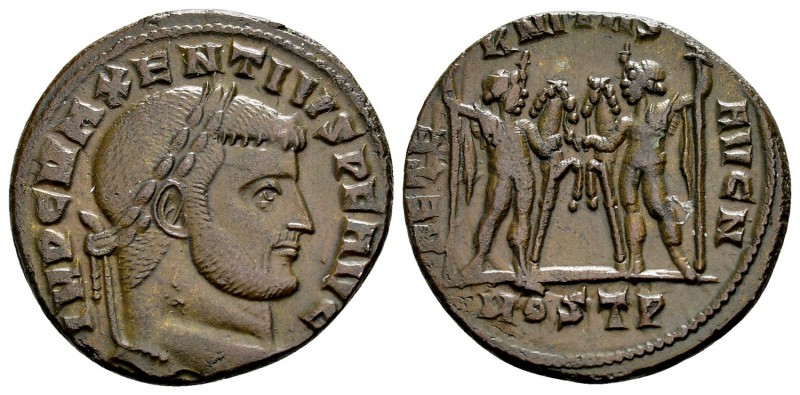 Maxentius. Ostia, 309-312 AD. Æ follis, 6.87 g. IMP C MAXENTIVS P F AVG, laureat...