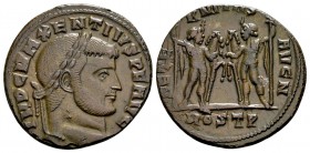 Maxentius. Ostia, 309-312 AD. Æ follis, 6.87 g. IMP C MAXENTIVS P F AVG, laureate head right / AETERNITAS AVG N the Dioskouri standing vis-a-vis, hold...