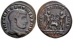 Maxentius. Ostia, 309 AD. Æ follis, 7.03 g.  IMP C MAXENTIVS P F AVG laureate head right / AETERNITAS AVG N the Dioskouri standing vis-à-vis, holding ...