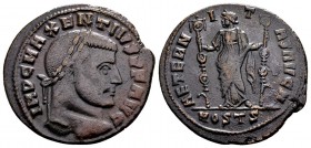 Maxentius. Ostia, 309 AD. Æ follis, 6.00 g.  IMP C MAXENTIVS P F AVG laureate head right / AETERNITAS AVG N Fides standing facing, with two standards;...