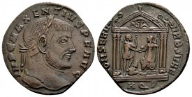 Maxentius. Aquileia, 307 AD. Æ follis, 5.63 g. IMP C MAXENTIVS P F AVG laureate head right / CONSERV VRBS SVAE Roma seated left within tetrastyle temp...