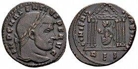 Maxentius. Rome, 310-311 AD. Æ follis, 6.07 g. IMP C MAXENTIVS P F AVG laureate head right / CONSERV VRB SVAE Roma seated facing, with globe in hexast...