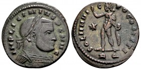 Licinius I. Rome, 314-316 AD. Æ follis, 5.25 g. IMP LICINIVS P F AVG laureate, cuirassed bust right / SOLI INVICTO COMITI Sol standing left, raising h...