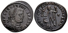 Licinius I. Siscia, 308 - 324 AD. Æ follis, 3.52 g. IMP LIC LICINIVS P F AVG laureate head of Licinius I right / IOVI CONSERVATORI Jupiter standing fa...