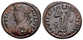 Licinius I. Cyzicus, 317-320 AD. Æ follis, 2.74 g. IMP LICINIVS AVG laureate, draped bust left, holding mappa in right hand and globe and sceptre in l...