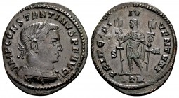 Constantine I. Trier, 307-308 AD. Æ follis, 6.16 g. IMP CONSTANTINVS P F AVG laureate, cuirassed bust right / PRINCIPI IVVENTVTIS Constantine standing...
