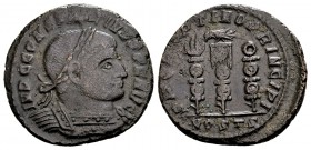 Constantine I. Ostia, 312-3 AD. Æ follis, 4.23 g. IMP CONSTANTINVS P F AVG laureate, cuirassed bust right / S P Q R OPTIMO PRINCIPI legionary eagle be...
