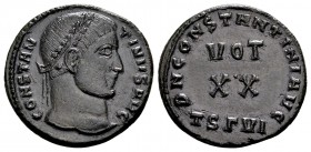 Constantine I. Thessalonica, 320 AD. Æ follis, 3.16 g. CONSTANTINVS AVG laureate head right / D N CONSTANTINI AVG around VOT XX. RIC 88. RR. Extremely...