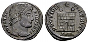 Constantine I. Nicomedia, 328-329 AD. Æ follis, 2.61 g. CONSTANTINVS AVG diademed head right / PROVIDENTIAE AVGG campgate with two turrets; above: sta...