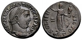 Constantine I. Antioch, 312 AD. Æ follis, 5.72 g. IMP C FL VAL CONSTANTINUS P F AUG laureate head right / SOLI INVICTO Sol, radiate, in long robe, sta...
