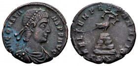 Constans. Siscia, 348-350 AD. Æ follis, 2,99 g. D N CONSTANS P F AVG pearl-diademed, draped, cuirassed bust right / FEL TEMP REPARATIO phoenix, radiat...