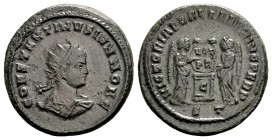 Constantine II as Ceasar. Ticinum, 319 AD. Æ follis, 3.54 g. CONSTANTINVS IVN NOB C radiate, draped, cuirassed bust right / VICTORIAE LAETAE PRINC PER...