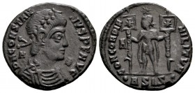 Constantius II. Siscia, 350 AD. Struck under Vetranio. Æ centenionalis, 4.25 g. DN CONSTANTIVS P F AVG, diademed, draped, cuirassed bust right; A behi...
