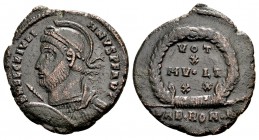 Julian II Apostata. Rome, 360-363 AD. Æ2, 3.50 g. D N FL CL IVLIANVS P F AVG helmeted, diademed, cuirassed bust left, holding shield and spear / VOT X...