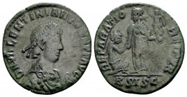 Valentinian II. Siscia, 378-383 AD. Æ2, 3.71 g. D N VALENTINIANVS IVN P F AVG diademed, draped, cuirassed bust right / REPARATIO REI PVB Valentinian s...
