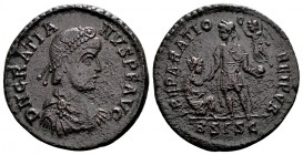 Gratianus. Siscia, ca. 378-383 AD. Æ2, 4.90 g. D N GRATIANVS P F AVG diademed, draped, cuirassed bust right / REPARATIO REI PVB Gratian standing facin...