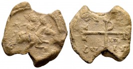 Byzantine, Andreas Koubikoularios. Byzantine lead seal (22 mm, 8.55 gram). 659-668 AD. Andreas koubikoularios riding on horseback to right, head right...