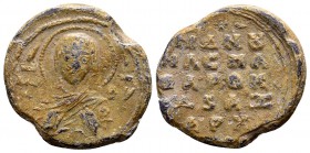 Byzantine, Manuel. spatharokandidatos and axiarchos. Byzantine lead seal (22 mm, 8.60 gram). 11th century AD. Half length facing bust of the Theotokos...