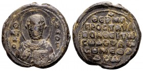 Byzantine, Methodios. Byzantine lead seal (24mm, 12.79 gram). Late 11th century AD. Bust of Saint Nicholas facing, wearing nimbus and bishop’s robes, ...